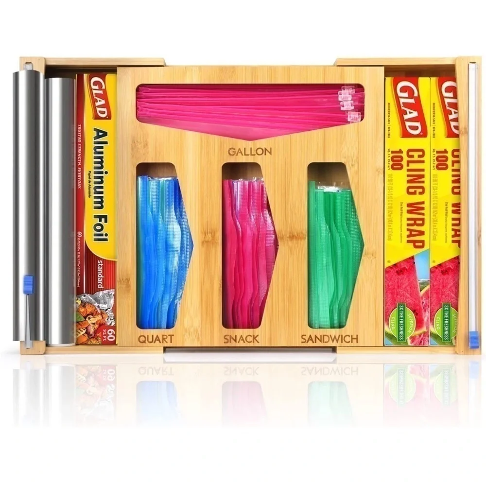 Brand New Ziploc Bag Storage Organizer Bamboo Expandable Wrap Dispenser & Cutter